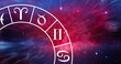 Image of horoscope symbols over stars on blue background