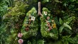 healthy lungs filled with lush greens, moss, and flowers, on a forest greenery background for World Asthma Day