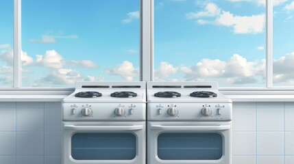 Wall Mural - Turn on ovens, burners, turn off hobs, with turn off gas stove on table surface and blue sky view behind kitchen window. Cooking appliance realistic 3d modern rendering.