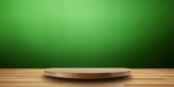 Fototapeta Kosmos - Green background with a wooden table, product display template. green background with a wood floor. Green and white photo of an empty room