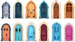 Modern cartoon set of medieval doorways in stone arch for a building facade. Vintage house, castle, gothic church or temple entrance with colored wooden doors isolated on white.