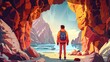 In a stone frame inside a mountain cave, a traveler stands at a teleport or magic portal. This fantasy scene shows a hiker with a backpack discovering a secret door that leads to a parallel world.
