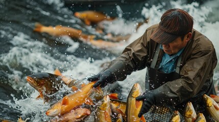 Freshwater Fisherman Harvesting Fish from River for Local Food and Economic Needs