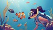 Animated cartoon illustration of scuba diver watching clown fish underwater in sea. Modern illustration of tropical ocean with funny clownfish and woman diving head down in water.