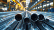 Illustration, gray industrial steel pipes with blurred background.