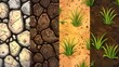 Game background with rocks, grass, and cracks in dry soil. Cartoon seamless patterns with dirt, clay, rubbles, and plants.