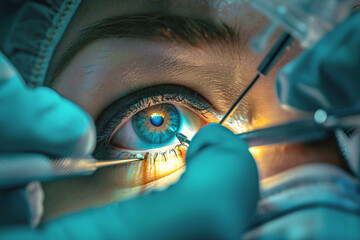 Wall Mural - Close-up image of a patient's eye undergoing a precise surgical procedure, with a surgeon's hands using microsurgical instruments.