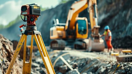 Wall Mural - Heavy industry and security concept on blurred natural background. Civil engineer with theodolite crossing equipment at construction site outdoors. Big excavator in the background