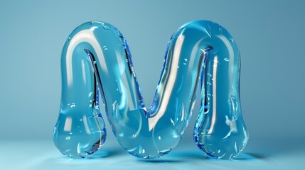 An azure balloon letter M made of water rendered in 3D isolated on a baby blue background