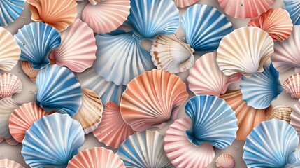 Wall Mural - Modern cartoon texture set with blue, pink and brown scallops and tropical bivalve mollusks. Seashell seamless pattern with abstract beach background.