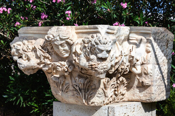 Wall Mural - Ancient Roman column capital, with floral and mythic relief, against pink flowers with animal and human figures. Hierapolis, Pamukkale, Denizli, Turkey (Turkiye)