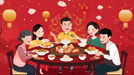 Chinese New Year's reunion dinner featuring hotpot and sumptuous homemade dishes on a red background.