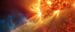 Solar flash, explosion, mass ejection. Burning sun and space. Magnetic storm cause, solar winds and waves. Sun's corona.