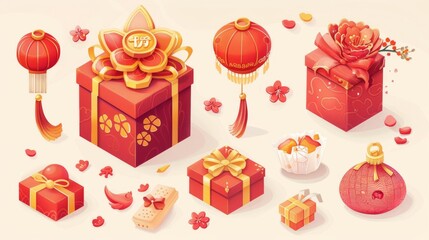 Canvas Print - Hand-drawn greeting present set and candy box for Chinese New Year.