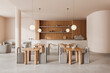 Beige cafe interior with dining and meeting space, bar counter with shelf