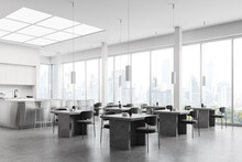 Light Restaurant Interior With Bar Island And Dining Space, Panoramic Window