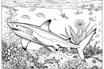 detailed black and white illustrations feature menacing sharks surrounded by diverse marine flora an