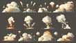 The sprite sheet of smoke explodes. Cartoon clouds, steam vfx explosion animation shots. Puff effect movement storyboard motion, modern flash boom isolated elements.