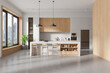 © ImageFlow - Modern home kitchen interior with bar island and cabinet, panoramic window