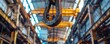 industrial crane hook with blurry factory background, symbolizing construction and manufacturing