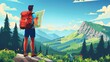 A tourist stands at the end of a beautiful wooded landscape looking at the map, checking the route. A hiking sport, orienteering, travel journey, adventure concept. A traveler with a backpack in a