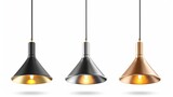 Fototapeta  - A stylish set of vintage metallic hang ceiling cone lamps. original retro style. Black, brass, and chrome color. Vector illustration Isolated on white background.
