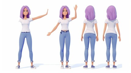 Wall Mural - 3D render of a cartoon female character, full body height, in jeans and a t-shirt with a hand waving in the air.