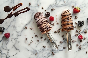 Canvas Print - Two ice cream bars with chocolate sauce and berries on marble surface