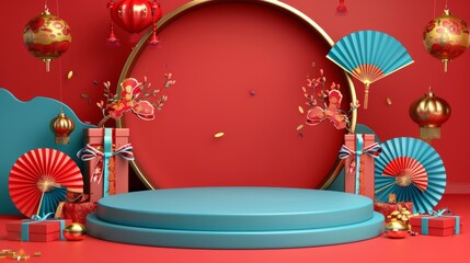 Wall Mural - This is a 3D podium background for Chinese New Year. A beautiful blue stage with a blank spring pairt, along with various gift shopping objects on a red background.