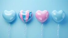 A Blue Background Is Displayed With Four Blue And Pink Heart Shaped Balloons, One Of Which Has A Plain Surface And One With A Striped Surface.