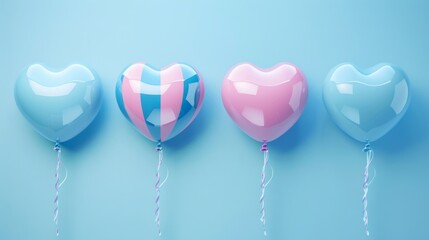 Sticker - A blue background is displayed with four blue and pink heart shaped balloons, one of which has a plain surface and one with a striped surface.