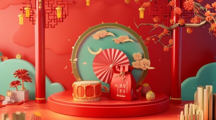 Wall Mural - This is a 3D podium backdrop for the Chinese New Year festival. It has a round platform with a drum, a sheet of paper fan screen, and a lucky bag on which it has a Chinese blessing written on it.