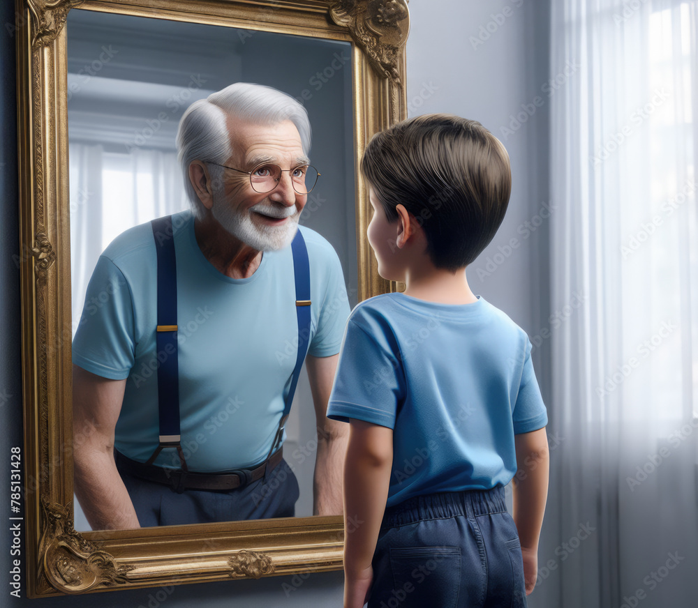 child as sees himself in the mirror as a older man , passing of time ...