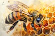 Capture a birds-eye view of a busy bee meticulously carrying a shimmering propolis ball Render in vibrant watercolors to bring out the bees iridescent wings and the golden hues of the propolis