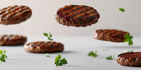 Wall Mural - Sizzling hamburger patties dropping onto blank surface, mouthwatering grilled burger pieces hovering.