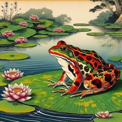 Wall Mural - AI generated illustration of a frog perched on lily pads in a serene setting