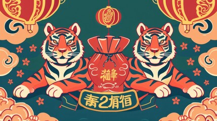 Wall Mural - A pair of tigers lie in a circle around a richly filled lucky bag. A couplet wishing a happy new year appears above the bag.