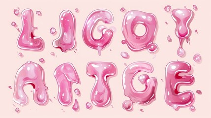 An alphabet of pink water with letters of liquid gel, juice, wine. Droplets of aqua in the shape of English characters isolated on transparent background, modern realistic set.