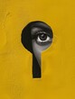 Mysterious discoveries. Woman's gaze peering through keyhole on yellow backdrop. Modern artistic combination. Idea of innovation, abstract art, imagination, and motivation.