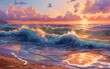 AI-generated illustration of a wave crashing on the shore at sunset