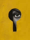 Fototapeta Londyn - Mysterious discoveries. Woman's gaze peering through keyhole on yellow backdrop. Modern artistic combination. Idea of innovation, abstract art, imagination, and motivation.