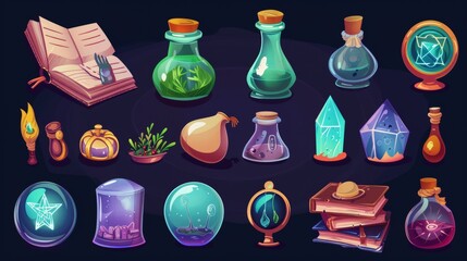 Wall Mural - An icon set with potion bottles, mirrors, magic spell books, amulets, crystal balls, and herbs as UI elements.