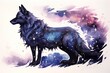 Watercolor illustration of a wolf on a background of the starry sky.