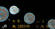 Image of multiple graph icons over aerial view of modern building against night sky