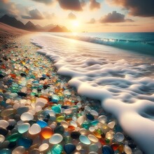 AI Generated Illustration Of Glass Beads Scattered On Sandy Beach By The Ocean