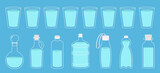 Fototapeta Pokój dzieciecy - Bottle, glass cup of water icon set. Cork, plug, decanter, carafe. Drink water. Steal Aqua drop. Cute cartoon object. Different shape. Food icons collection. Flat design. Blue background. Vector