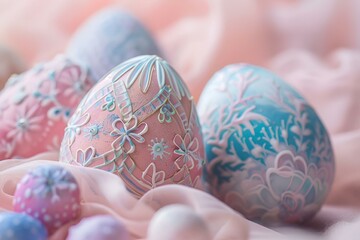 Wall Mural - AI-generated illustration of colorful Easter eggs on soft fabric with pink and blue patterns