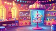The interior of a toy store with shelves cartoon background. Magic modern carousel shelf showcase with kid gift collection. Illustration for business kids supermarkets, toyshops for happy children.