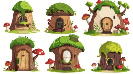 Wall Mural - Cartoon illustration of cute fairytale houses with wooden doors, porches, round windows, mushrooms, and moss on the roof. Forest dwarf house with wooden door, porch and round window.