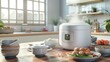Ad for smart electric rice cooker. White smart rice cooker with open lid and steamed foods displayed at home